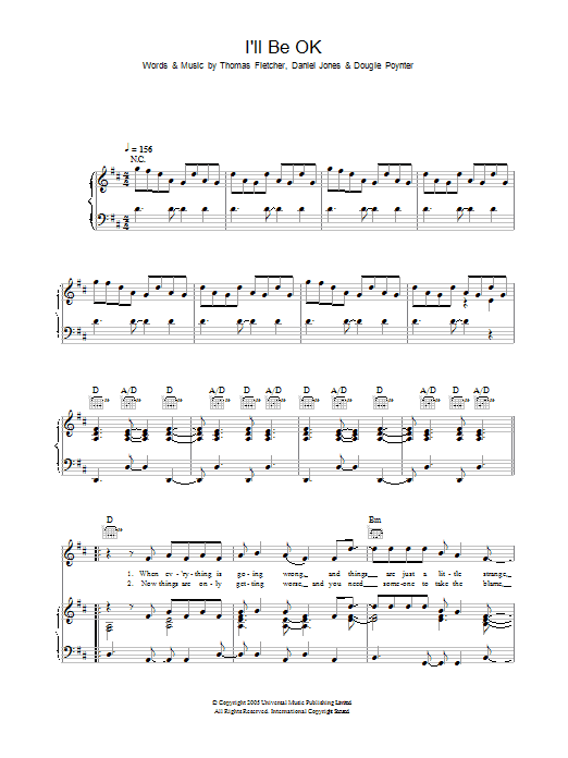 McFly I'll Be OK sheet music notes and chords arranged for Piano, Vocal & Guitar Chords
