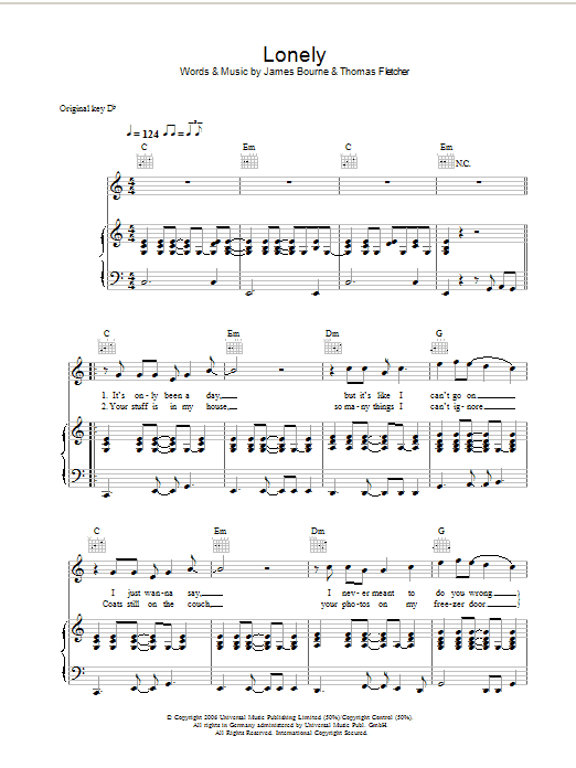 McFly Lonely sheet music notes and chords arranged for Piano, Vocal & Guitar Chords