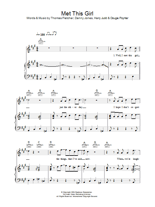 McFly Met This Girl sheet music notes and chords arranged for Piano, Vocal & Guitar Chords