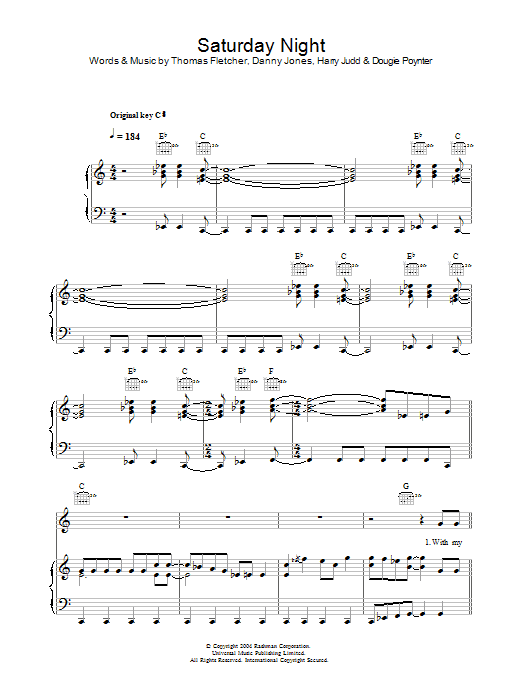 McFly Saturday Night sheet music notes and chords arranged for Piano, Vocal & Guitar Chords