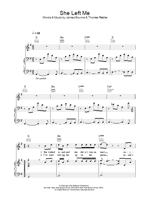 McFly She Left Me sheet music notes and chords arranged for Piano, Vocal & Guitar Chords