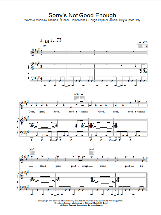 McFly Sorry's Not Good Enough sheet music notes and chords arranged for Piano, Vocal & Guitar Chords