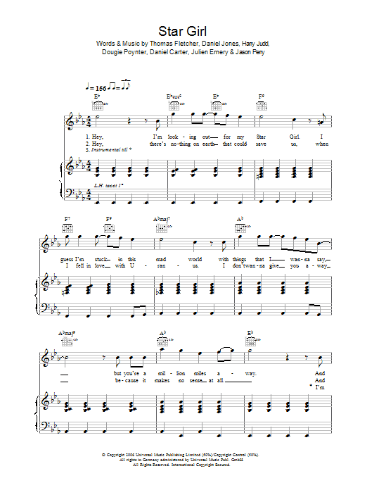 McFly Star Girl sheet music notes and chords arranged for Piano, Vocal & Guitar Chords