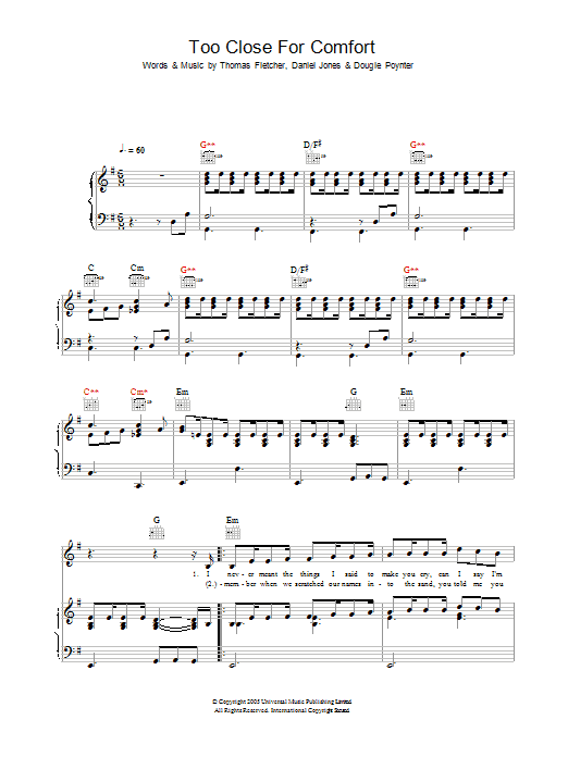 McFly Too Close For Comfort sheet music notes and chords arranged for Piano, Vocal & Guitar Chords