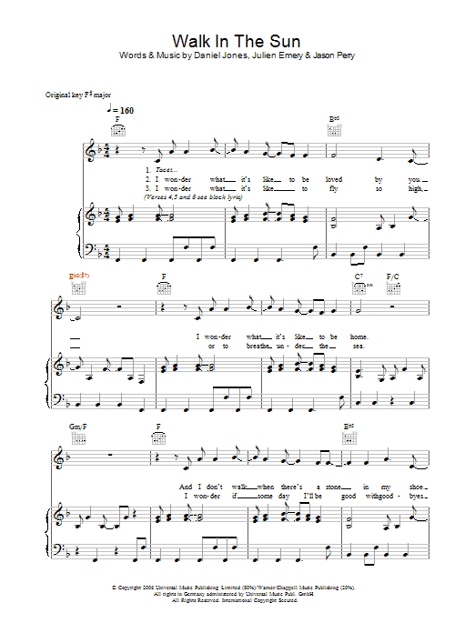 McFly Walk In The Sun sheet music notes and chords arranged for Piano, Vocal & Guitar Chords