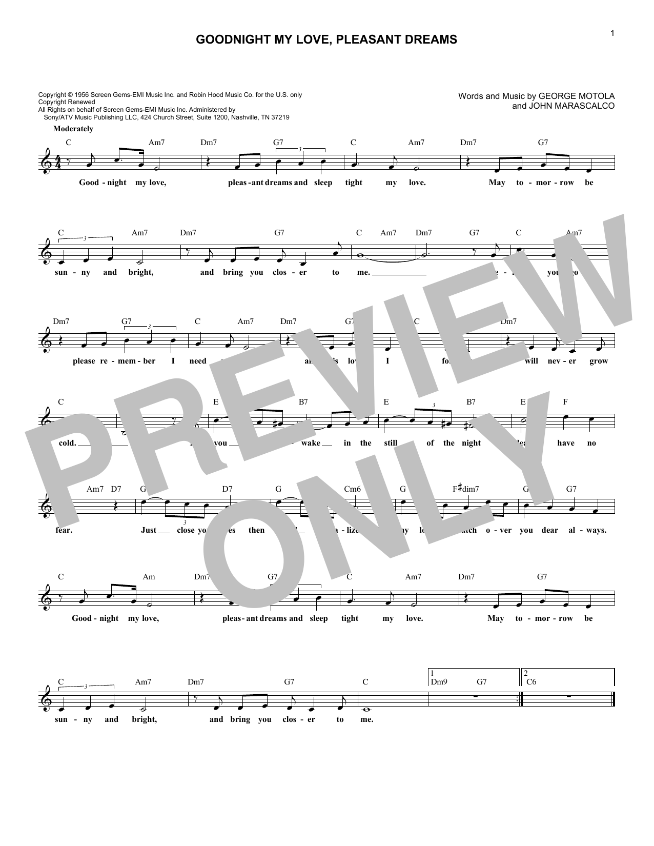 McGuire Sisters Goodnight My Love, Pleasant Dreams sheet music notes and chords arranged for Lead Sheet / Fake Book