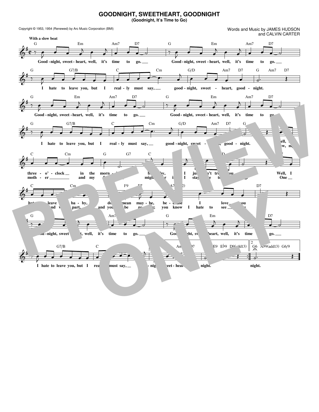 McGuire Sisters Goodnight, Sweetheart, Goodnight (Goodnight, It's Time To Go) sheet music notes and chords arranged for Lead Sheet / Fake Book