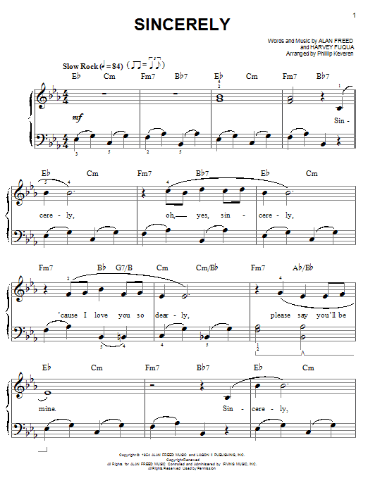 McGuire Sisters Sincerely (arr. Phillip Keveren) sheet music notes and chords arranged for Easy Piano