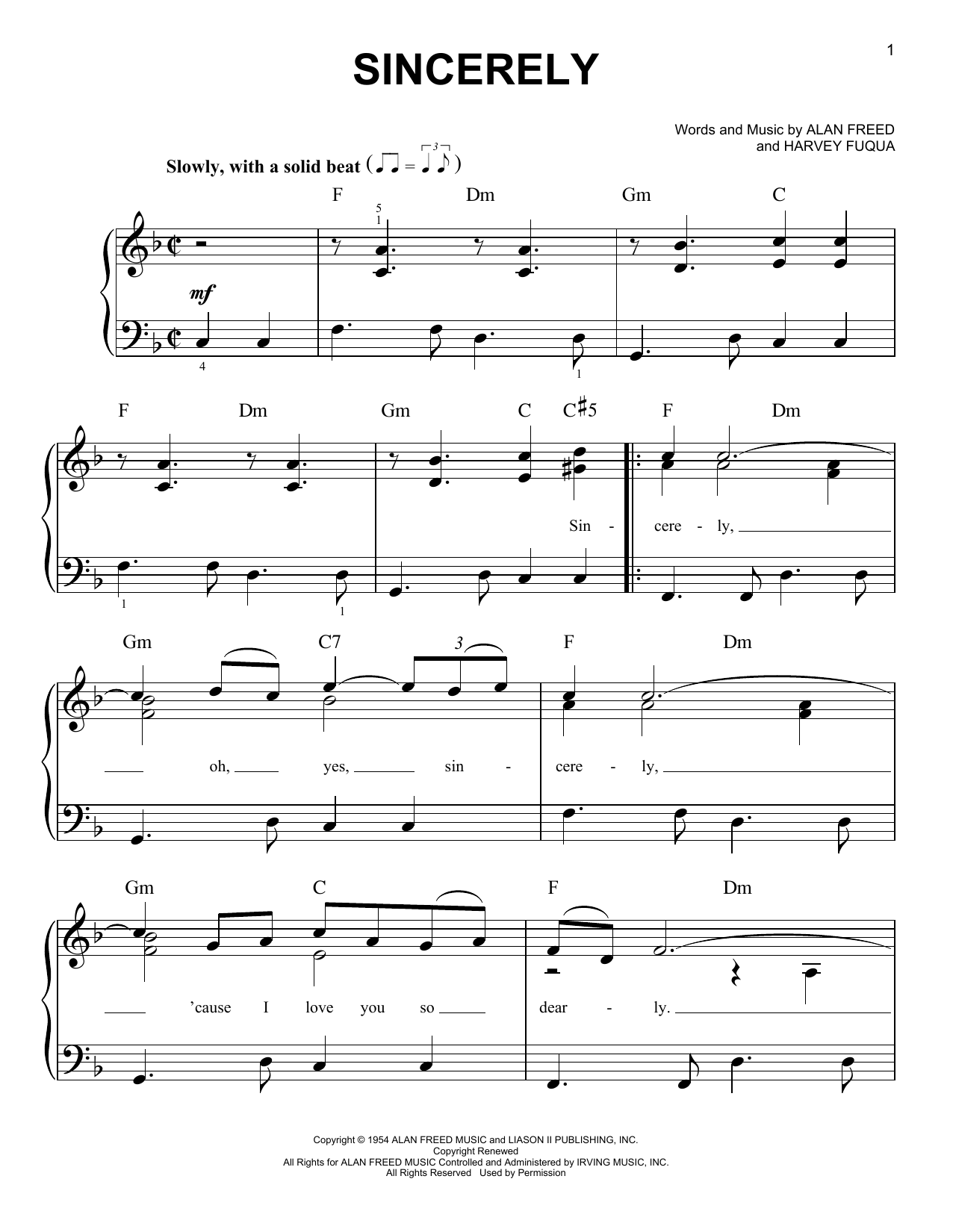 McGuire Sisters Sincerely sheet music notes and chords arranged for Piano, Vocal & Guitar Chords (Right-Hand Melody)