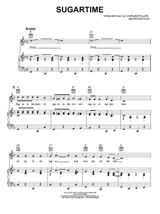 McGuire Sisters Sugartime sheet music notes and chords arranged for Piano, Vocal & Guitar Chords (Right-Hand Melody)