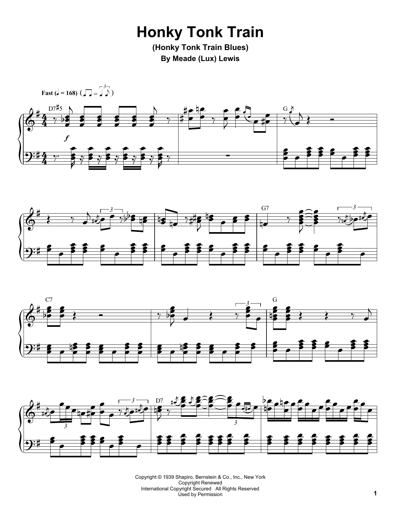 Meade (Lux) Lewis Honky Tonk Train (Honky Tonk Train Blues) sheet music notes and chords arranged for Piano Transcription