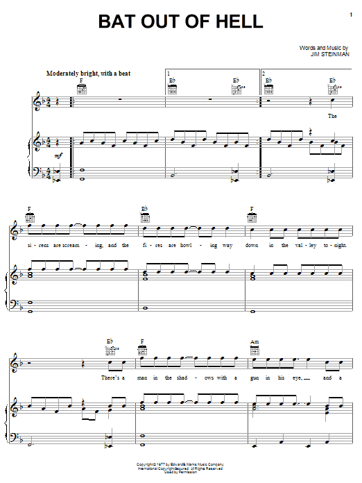 Meat Loaf Bat Out Of Hell sheet music notes and chords arranged for Piano, Vocal & Guitar Chords (Right-Hand Melody)