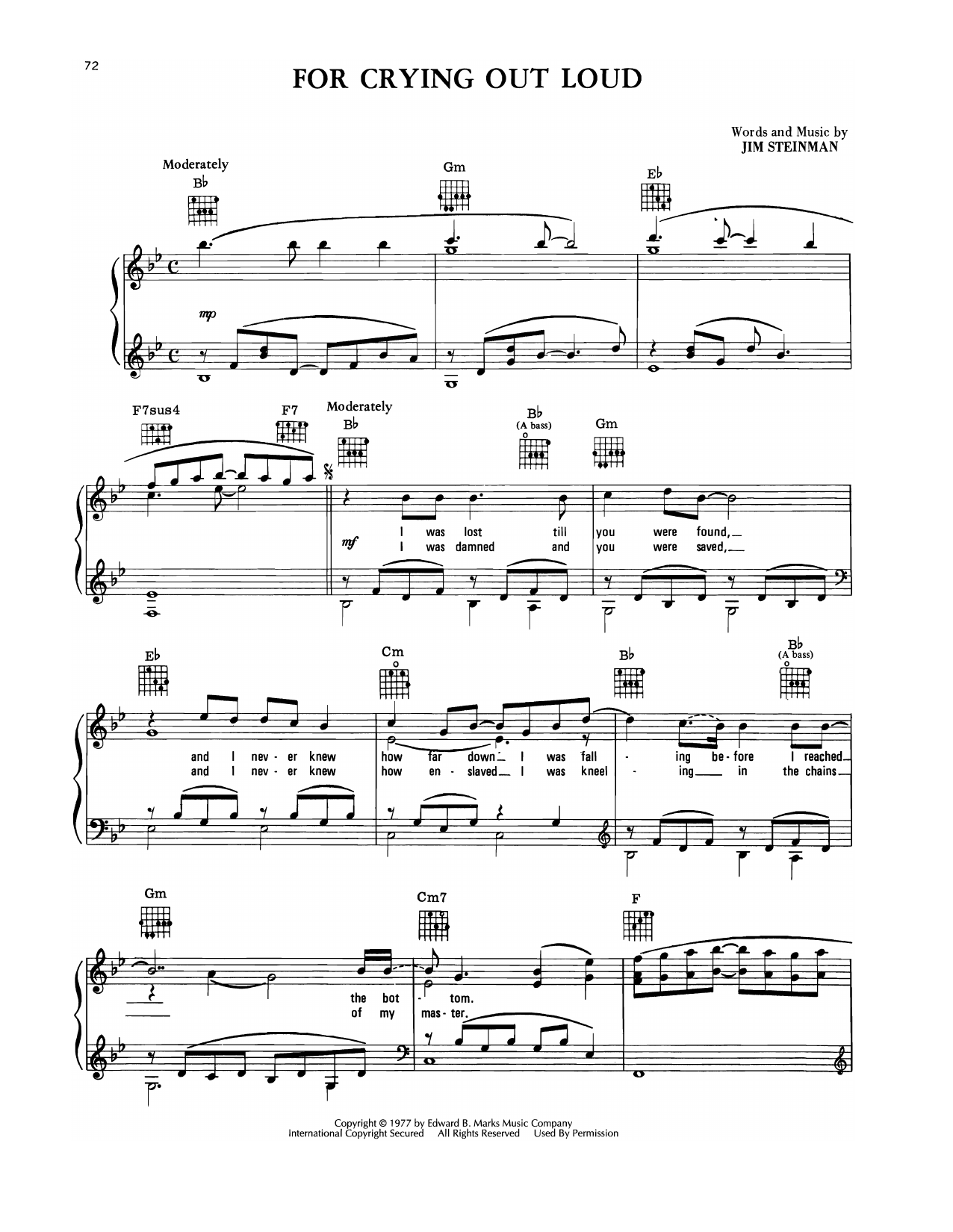 Meat Loaf For Crying Out Loud sheet music notes and chords arranged for Piano, Vocal & Guitar Chords (Right-Hand Melody)