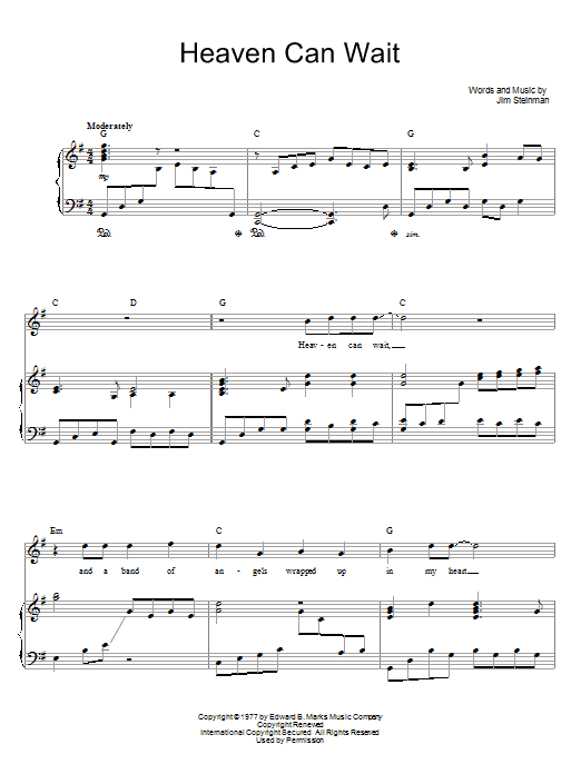 Meat Loaf Heaven Can Wait sheet music notes and chords arranged for Guitar Chords/Lyrics