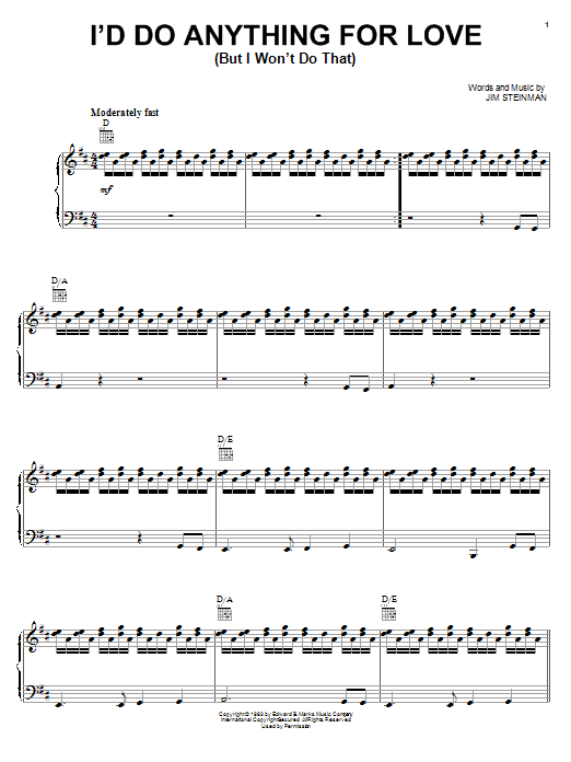 Meat Loaf I'd Do Anything For Love (But I Won't Do That) sheet music notes and chords arranged for Easy Guitar Tab