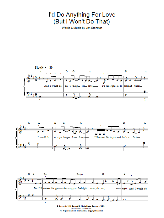 Meat Loaf I'd Do Anything For Love (But I Won't Do That) sheet music notes and chords arranged for Easy Piano