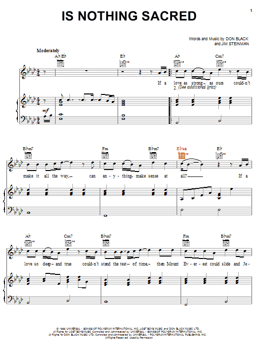 Meat Loaf Is Nothing Sacred sheet music notes and chords arranged for Piano, Vocal & Guitar Chords (Right-Hand Melody)