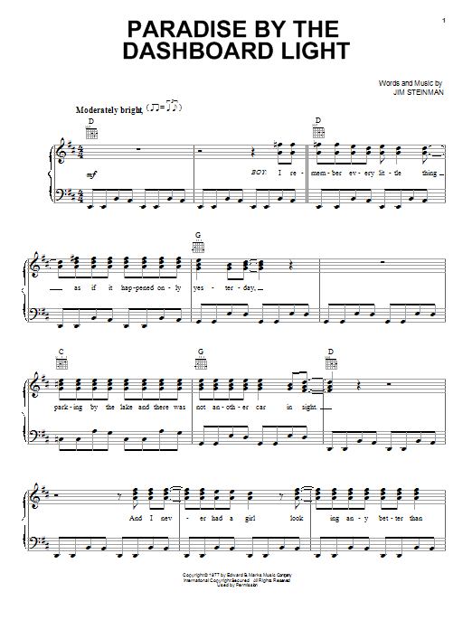 Meat Loaf Paradise By The Dashboard Light sheet music notes and chords arranged for Guitar Tab