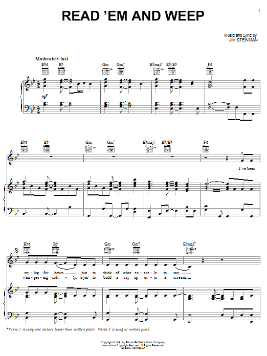 Meat Loaf Read'em And Weep sheet music notes and chords arranged for Piano, Vocal & Guitar Chords (Right-Hand Melody)