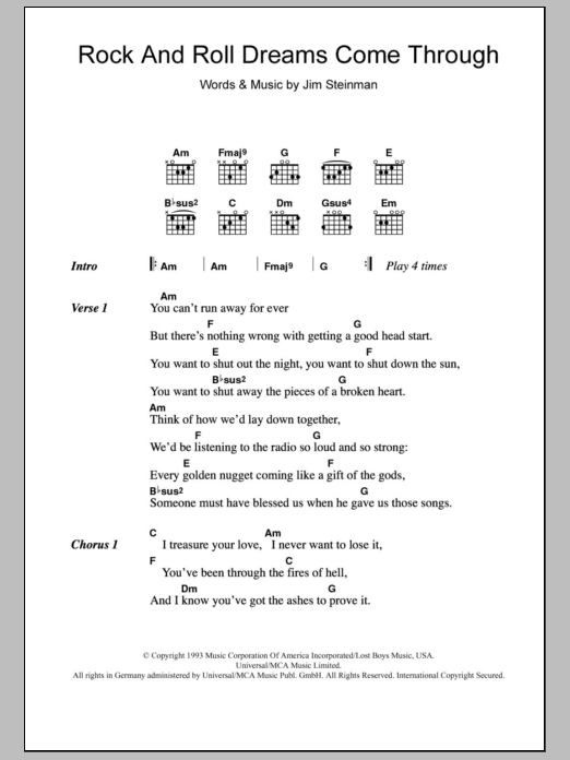 Meat Loaf Rock And Roll Dreams Come Through sheet music notes and chords arranged for Guitar Chords/Lyrics