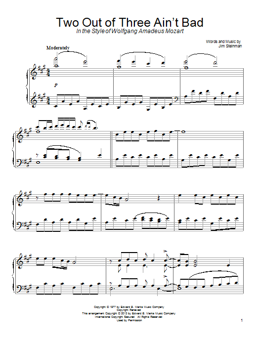 Meat Loaf Two Out Of Three Ain't Bad (in the style of Wolfgang Amadeus Mozart) sheet music notes and chords arranged for Piano Solo