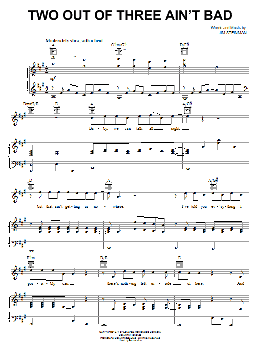 Meat Loaf Two Out Of Three Ain't Bad sheet music notes and chords arranged for Piano, Vocal & Guitar Chords