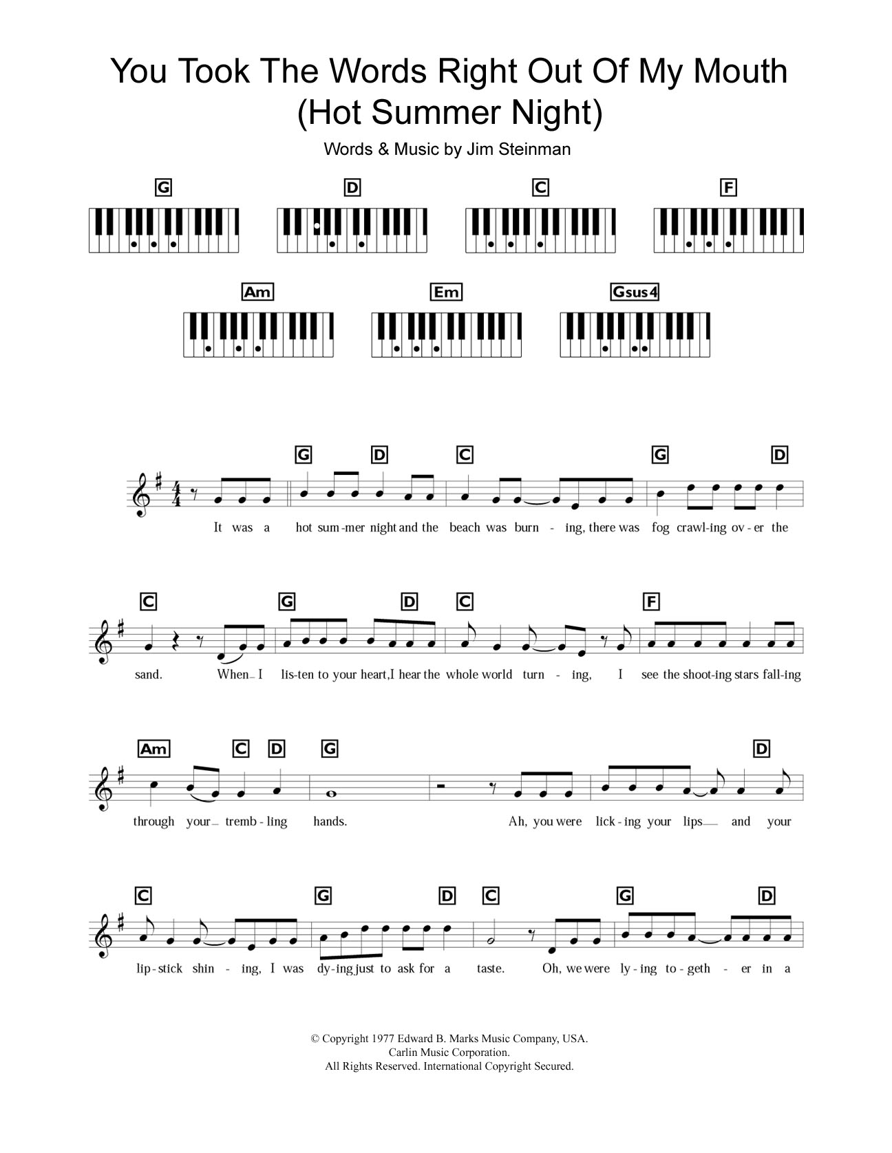 Meat Loaf You Took The Words Right Out Of My Mouth (Hot Summer Night) sheet music notes and chords arranged for Guitar Chords/Lyrics