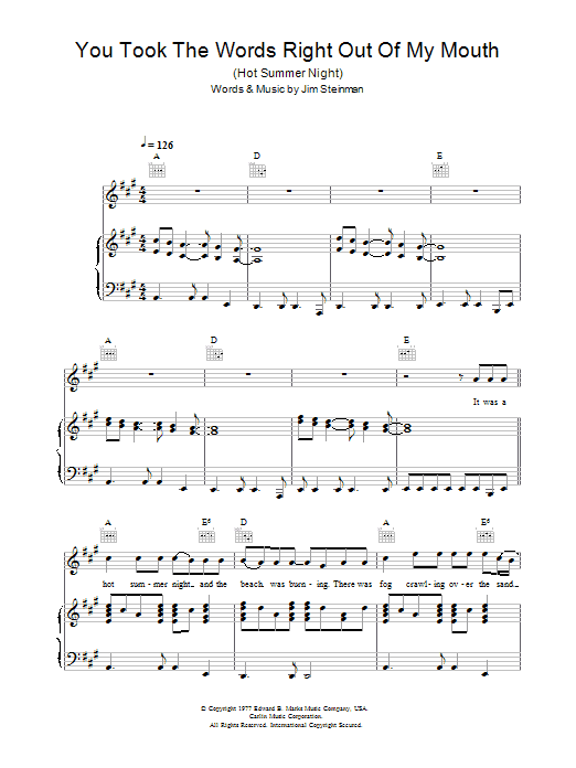 Meat Loaf You Took The Words Right Out Of My Mouth sheet music notes and chords arranged for Piano, Vocal & Guitar Chords (Right-Hand Melody)