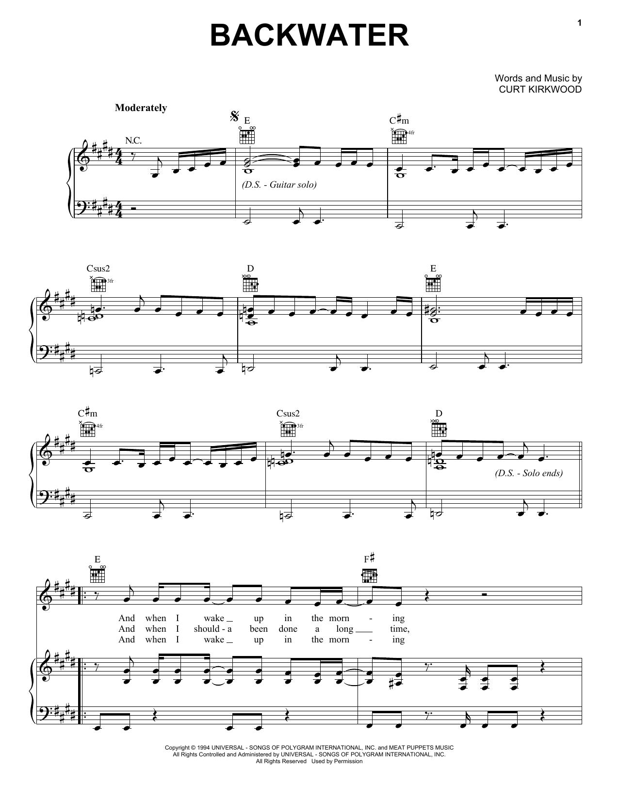 Meat Puppets Backwater sheet music notes and chords arranged for Piano, Vocal & Guitar Chords (Right-Hand Melody)