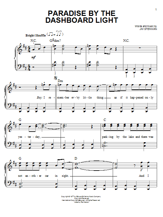 Meatloaf Paradise By The Dashboard Light sheet music notes and chords arranged for Piano Solo
