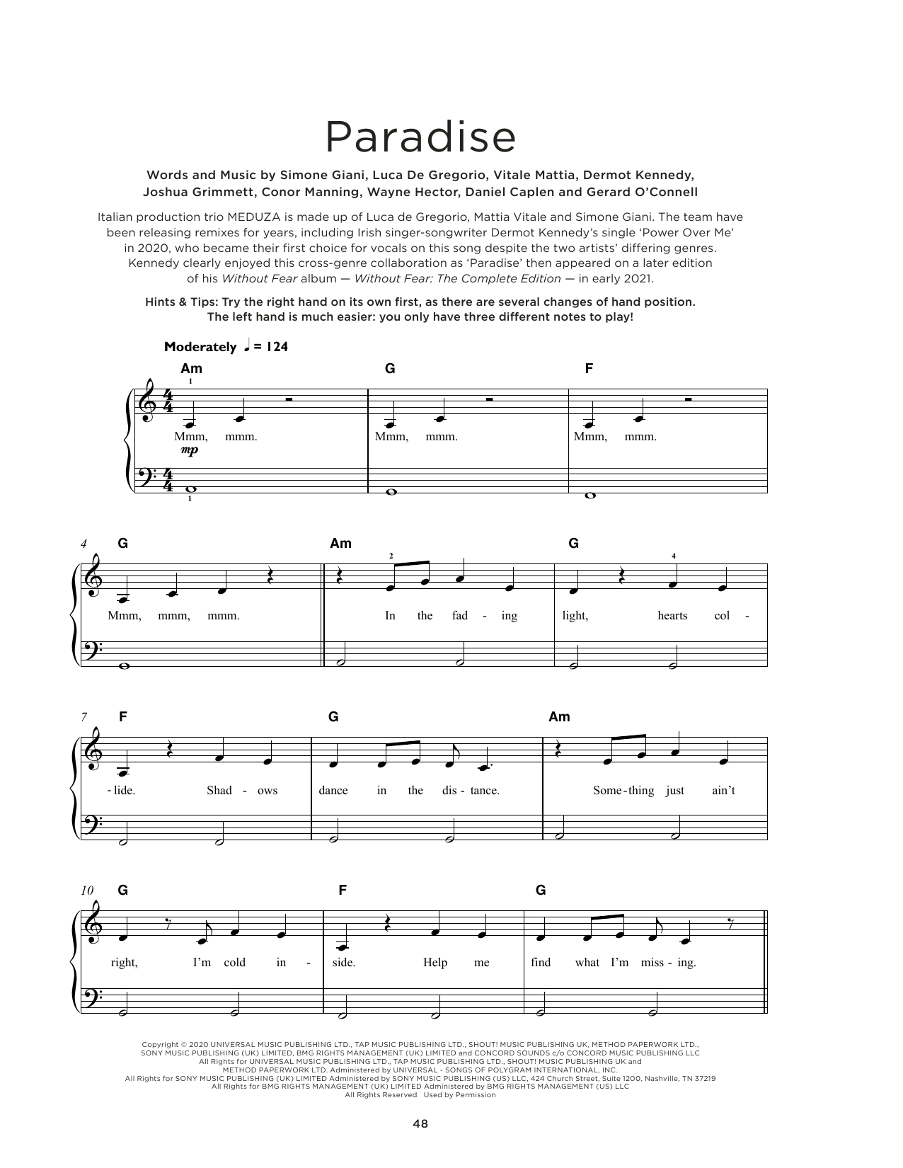 MEDUZA Paradise (feat. Dermot Kennedy) sheet music notes and chords arranged for Really Easy Piano