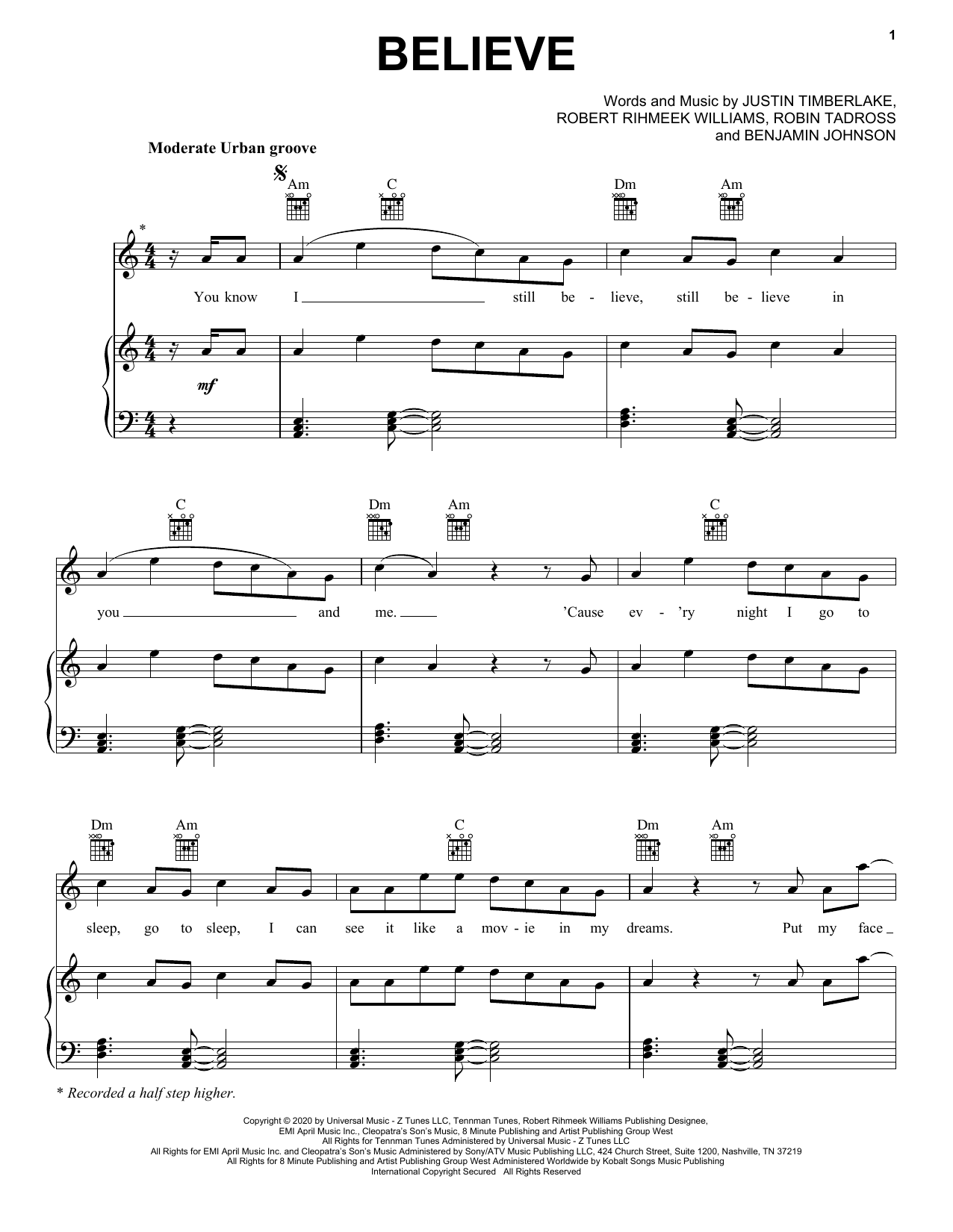 Meek Mill Believe (feat. Justin Timberlake) sheet music notes and chords arranged for Piano, Vocal & Guitar Chords (Right-Hand Melody)