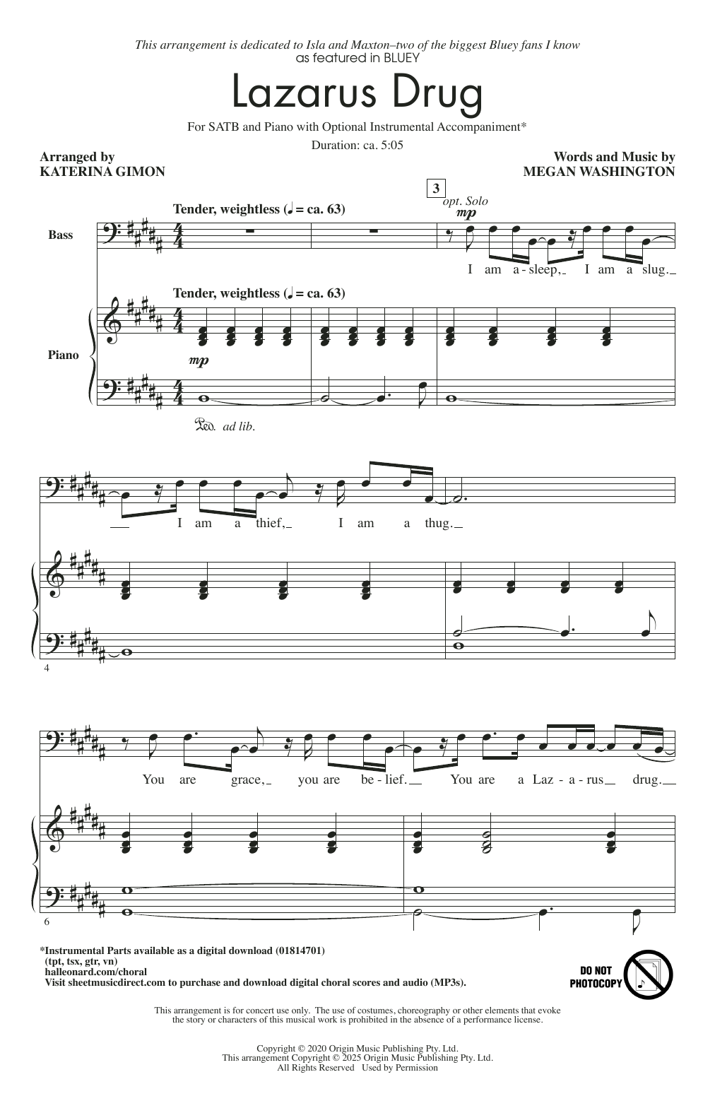 Meg Washington Lazarus Drug (from Bluey) (arr. Katerina Gimon) sheet music notes and chords arranged for SATB Choir