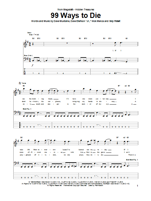 Megadeth 99 Ways To Die sheet music notes and chords arranged for Bass Guitar Tab