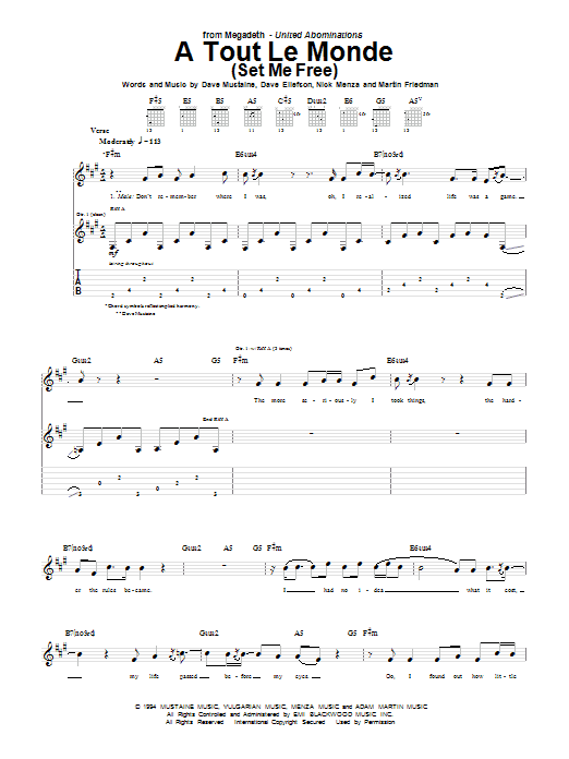 Megadeth A Tout Le Monde (A Tout Le Monde (Set Me Free)) sheet music notes and chords arranged for Bass Guitar Tab