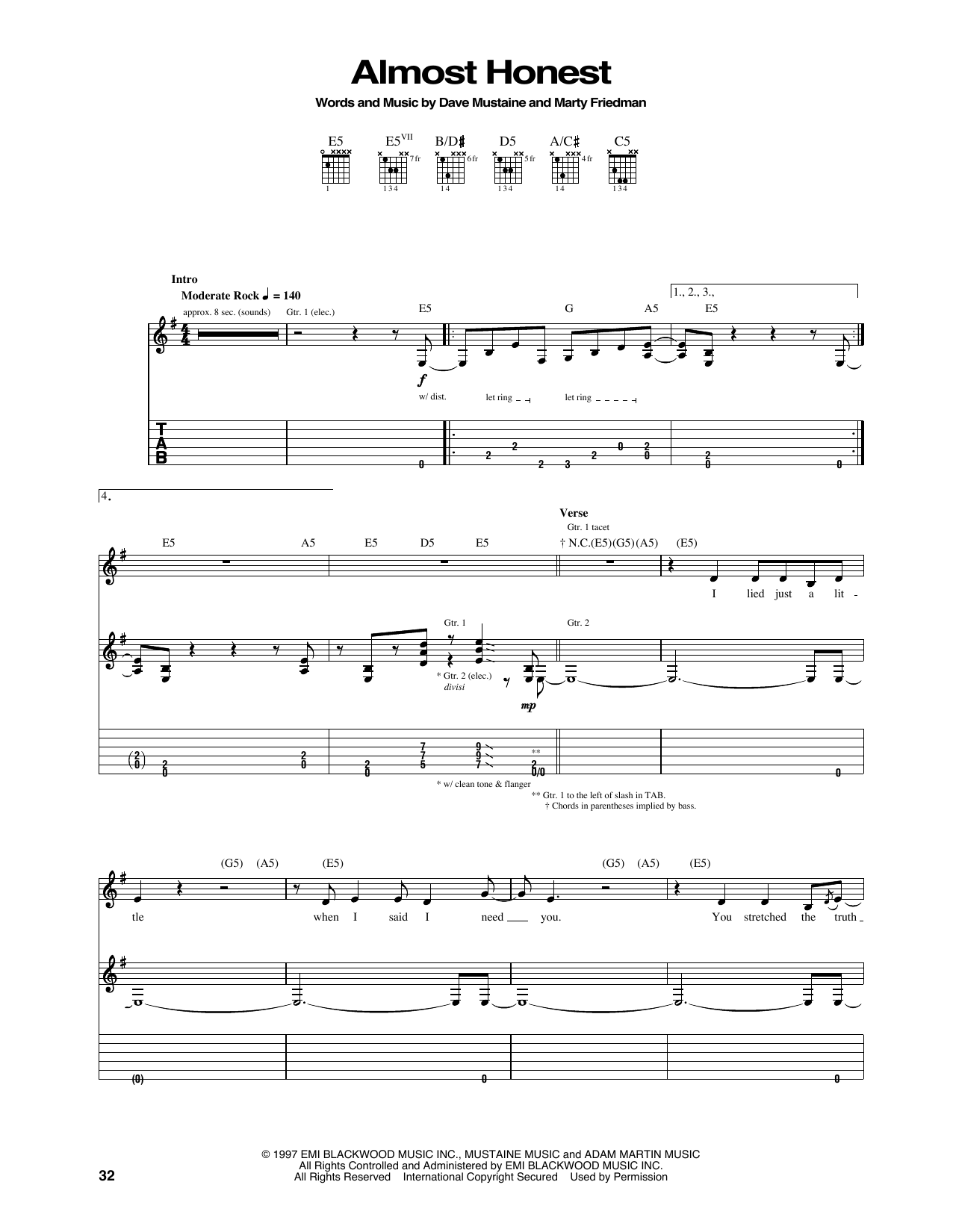 Megadeth Almost Honest sheet music notes and chords arranged for Guitar Tab