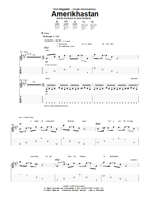 Megadeth Amerikhastan sheet music notes and chords arranged for Guitar Tab