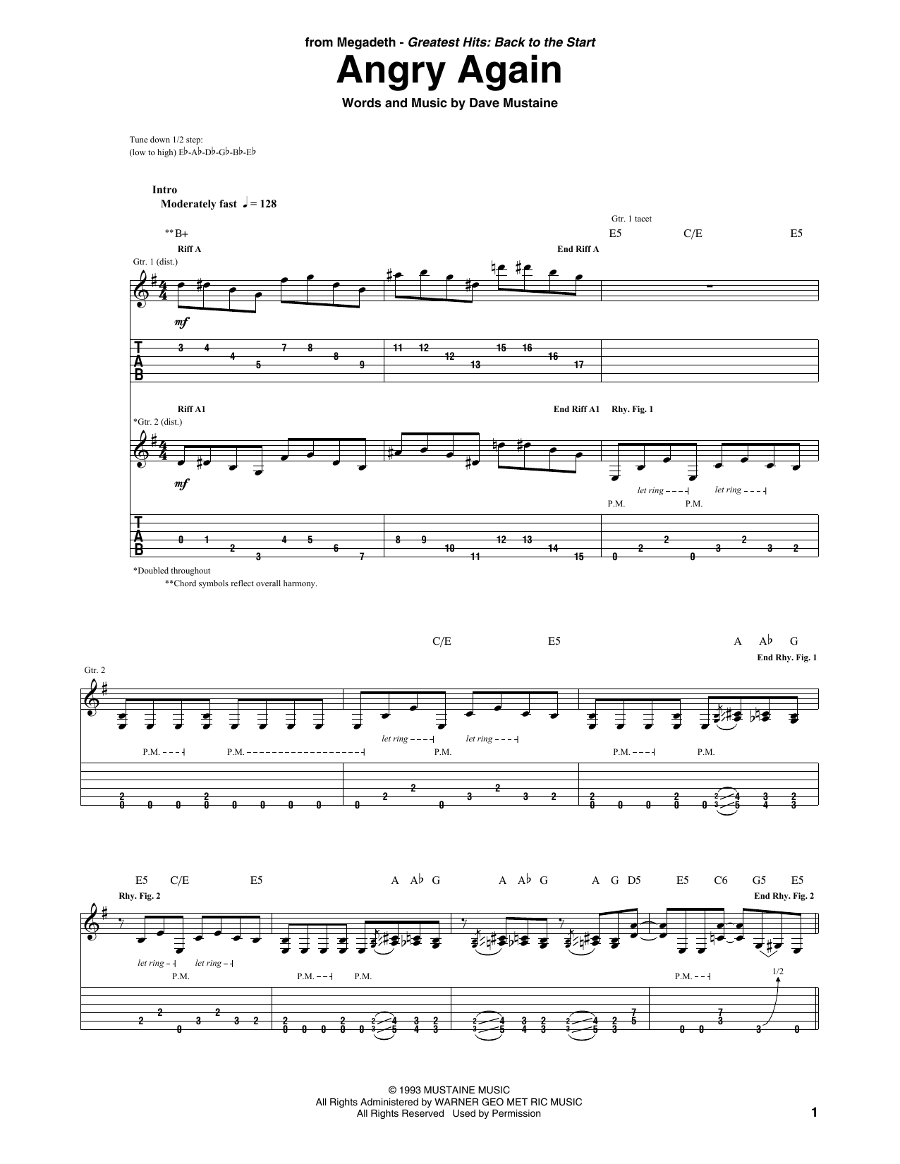 Megadeth Angry Again sheet music notes and chords arranged for Guitar Tab