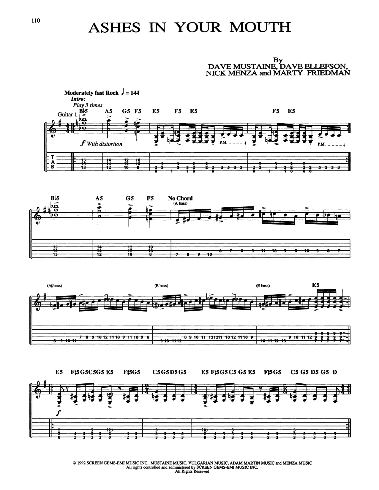 Megadeth Ashes In Your Mouth sheet music notes and chords arranged for Guitar Tab