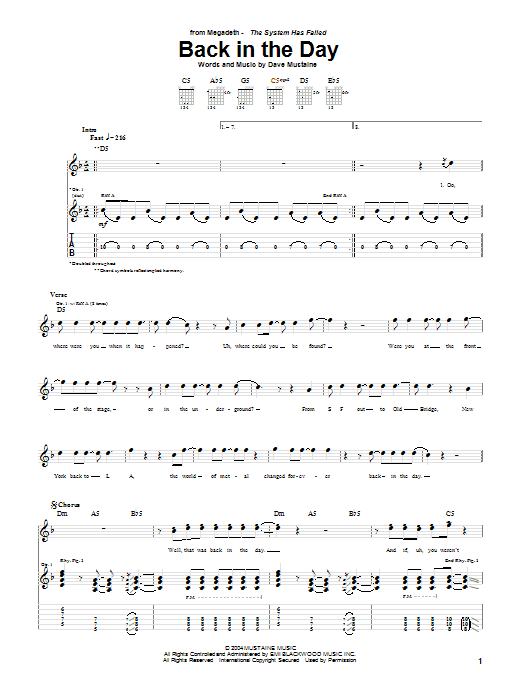 Megadeth Back In The Day sheet music notes and chords arranged for Guitar Tab