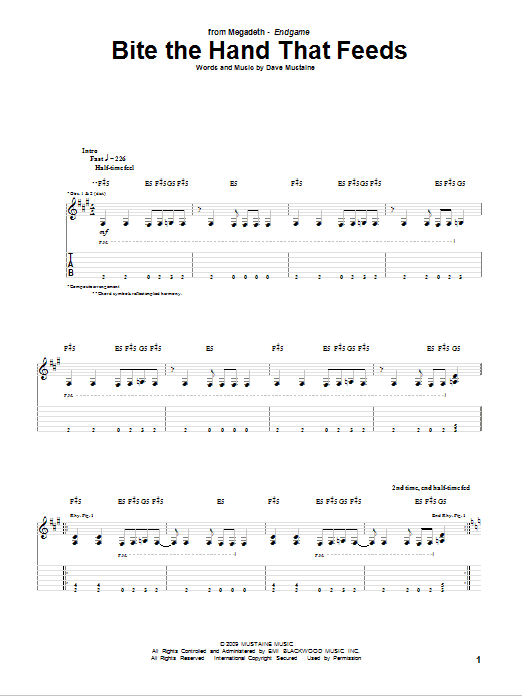 Megadeth Bite The Hand That Feeds sheet music notes and chords arranged for Guitar Tab