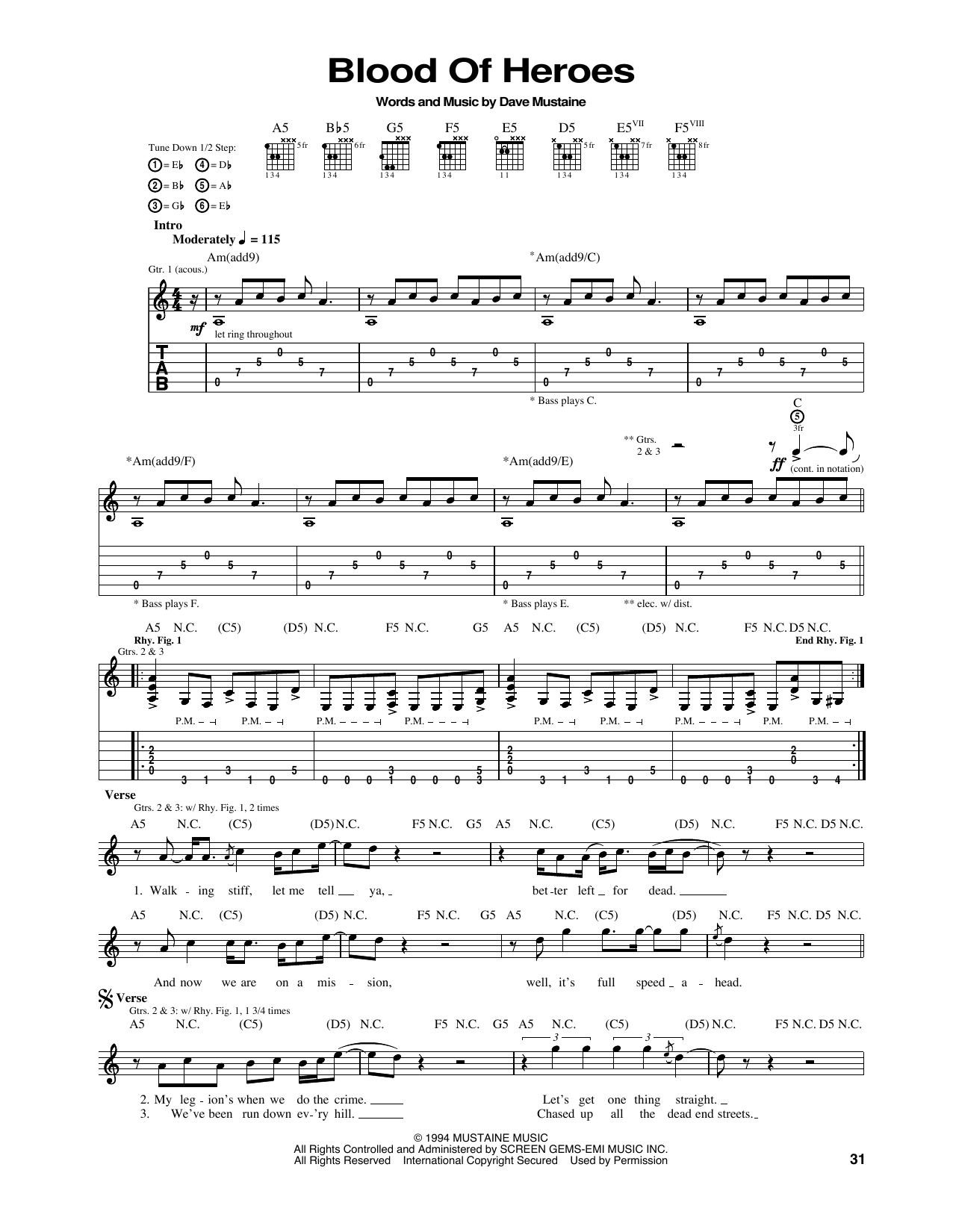 Megadeth Blood Of Heroes sheet music notes and chords arranged for Guitar Tab