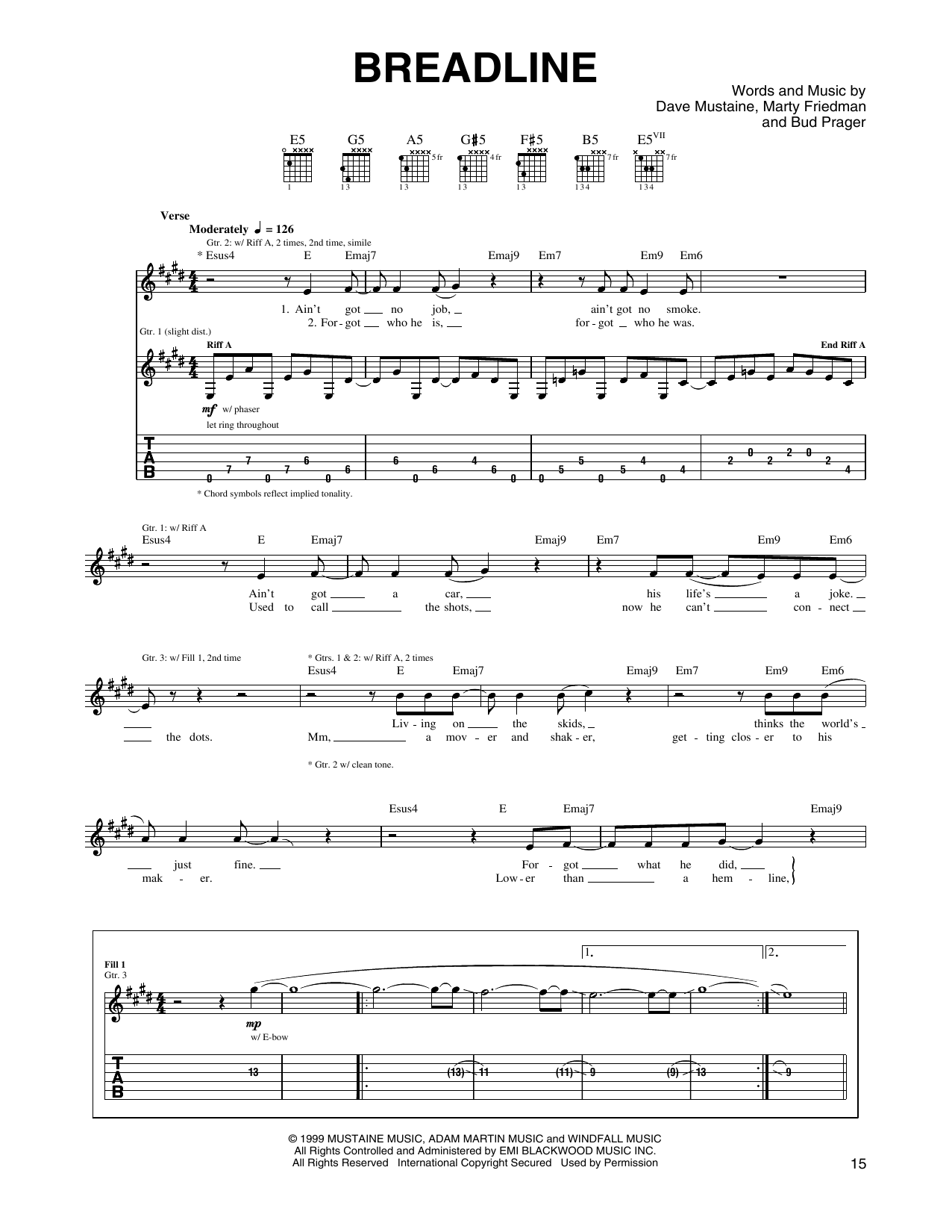 Megadeth Breadline sheet music notes and chords arranged for Guitar Tab