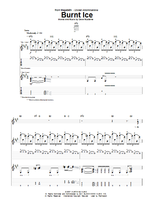 Megadeth Burnt Ice sheet music notes and chords arranged for Guitar Tab