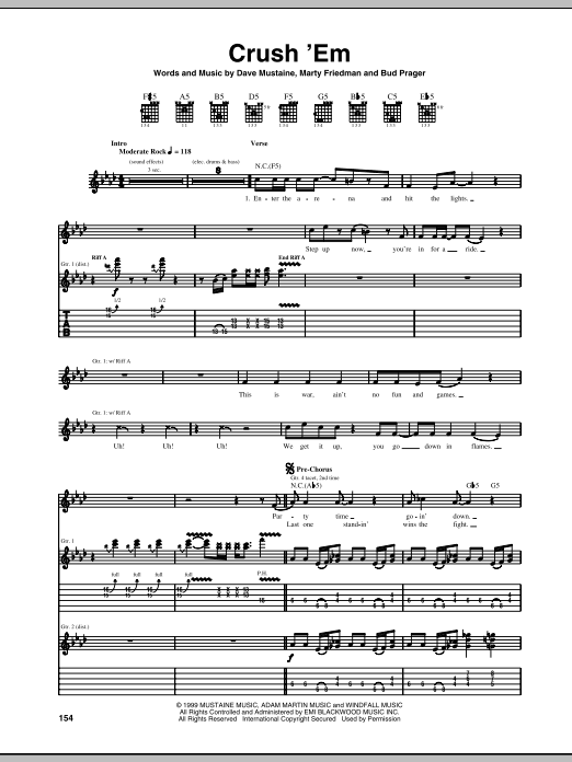 Megadeth Crush 'Em sheet music notes and chords arranged for Guitar Tab