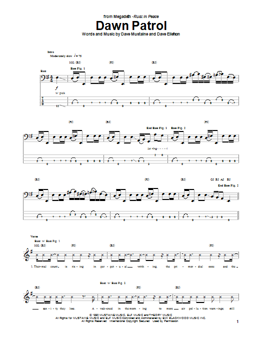 Megadeth Dawn Patrol sheet music notes and chords arranged for Bass Guitar Tab