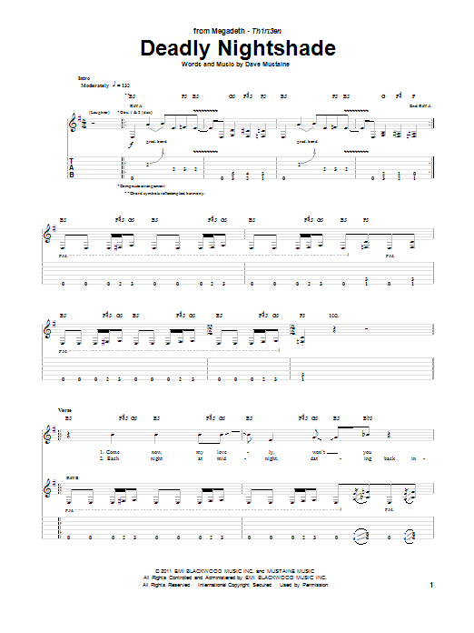 Megadeth Deadly Nightshade sheet music notes and chords arranged for Guitar Tab
