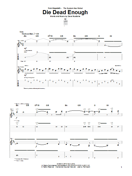 Megadeth Die Dead Enough sheet music notes and chords arranged for Guitar Tab