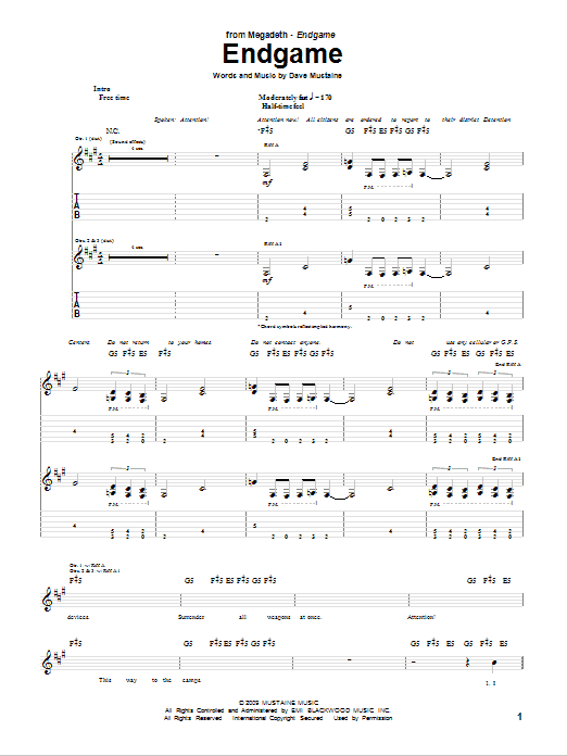 Megadeth Endgame sheet music notes and chords arranged for Guitar Tab