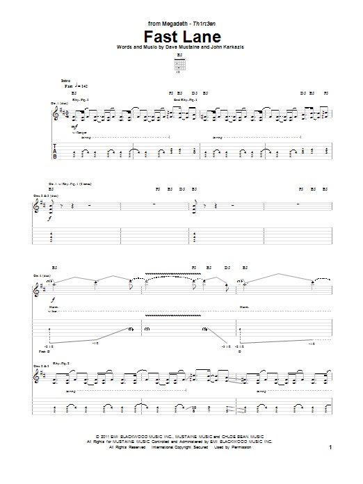 Megadeth Fast Lane sheet music notes and chords arranged for Guitar Tab